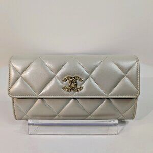 Chanel 19 Pearlized Silver Mini Long Flap Quilted Lambskin Clutch